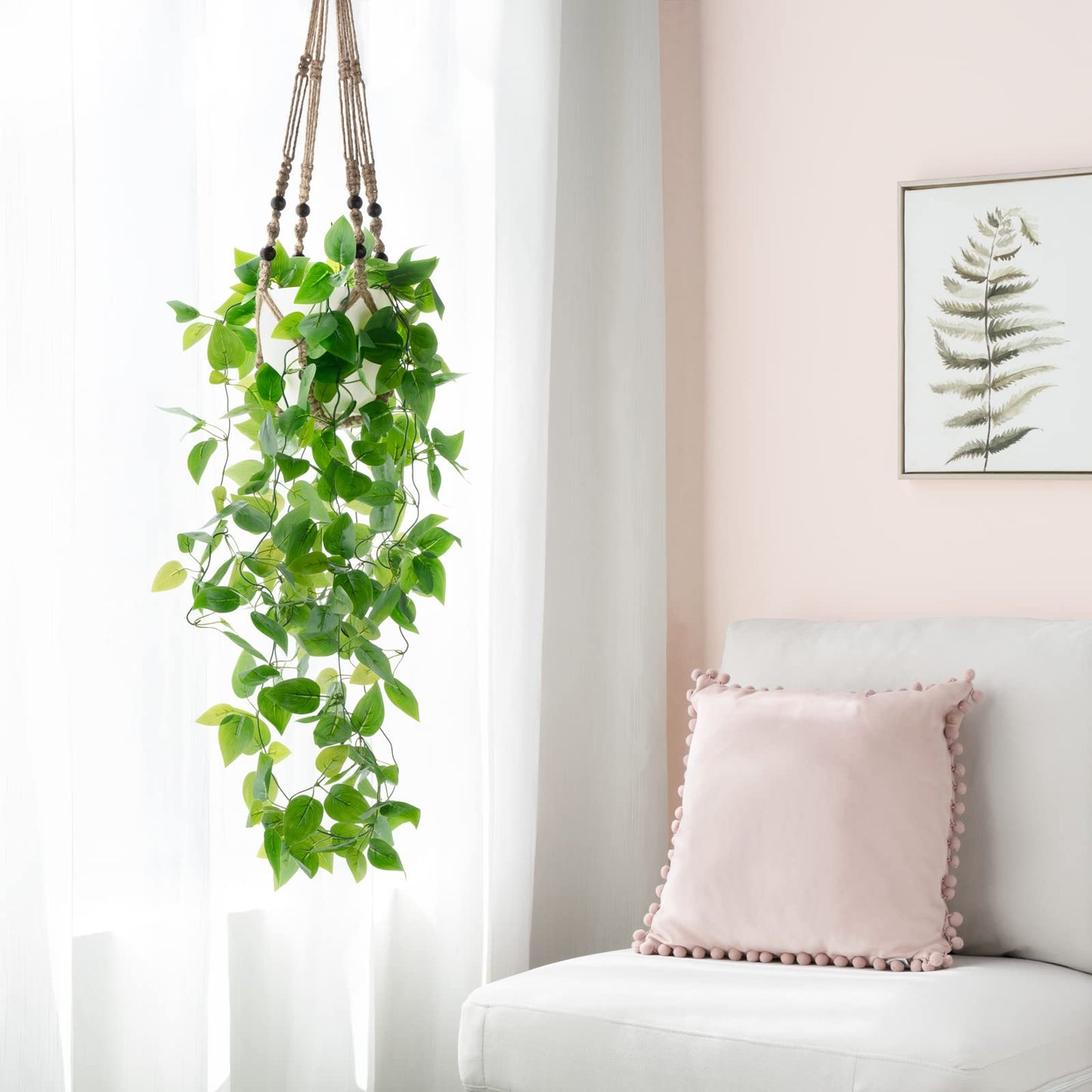 Mkono Fake Hanging Plant with Pot, Artificial Plants for Home Spring Decor Indoor Macrame Plant Hanger with Faux Vine Hanging Planter Greenery for Bedroom Bathroom Kitchen Office, Brown (Pothos)