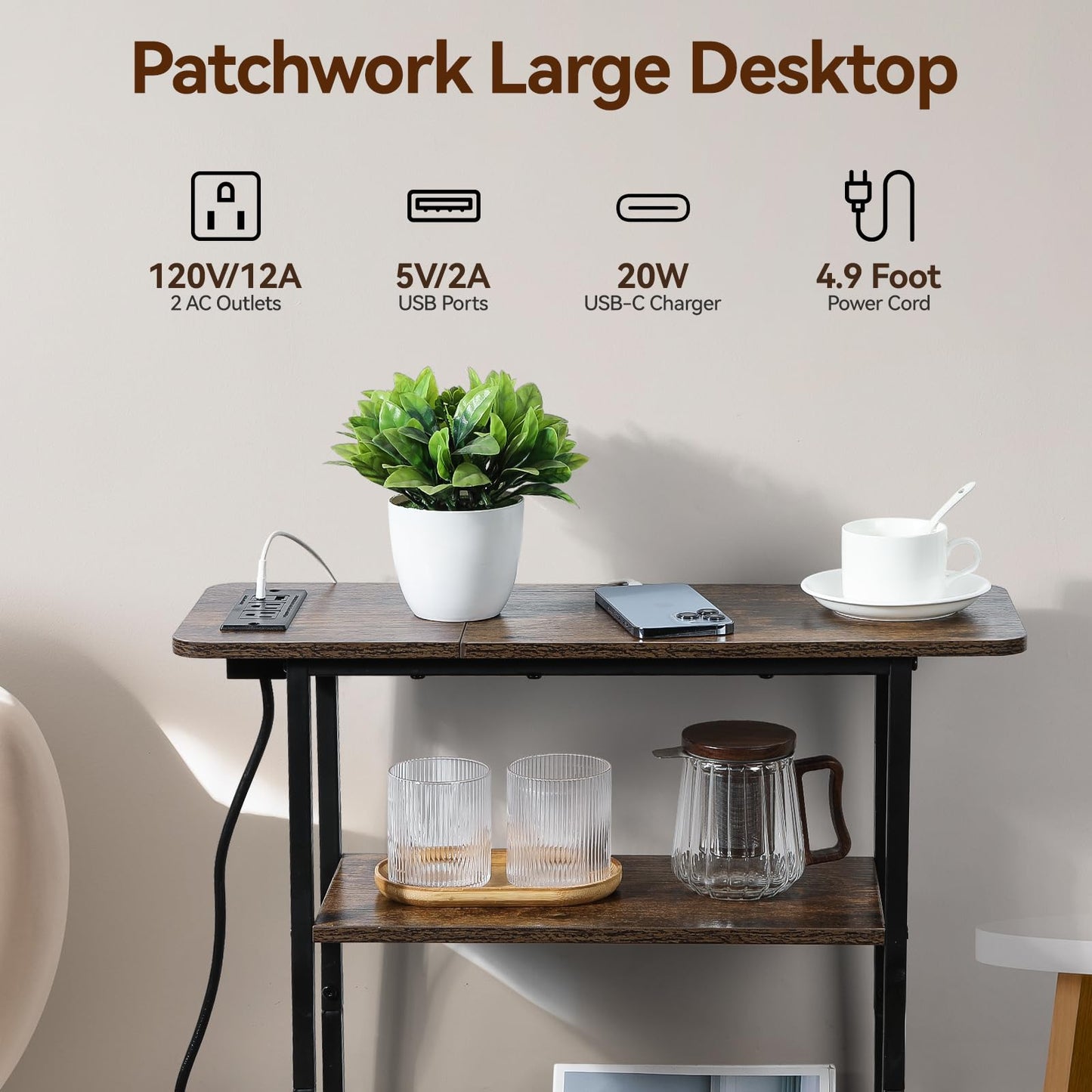 Narrow Side Table with USB-C Charging Station, 3-Tier Slim End Table with Magazine Holder, Modern Thin Side Table for Couch or Small Spaces, Skinny Nightstand for Living Room or Bedroom