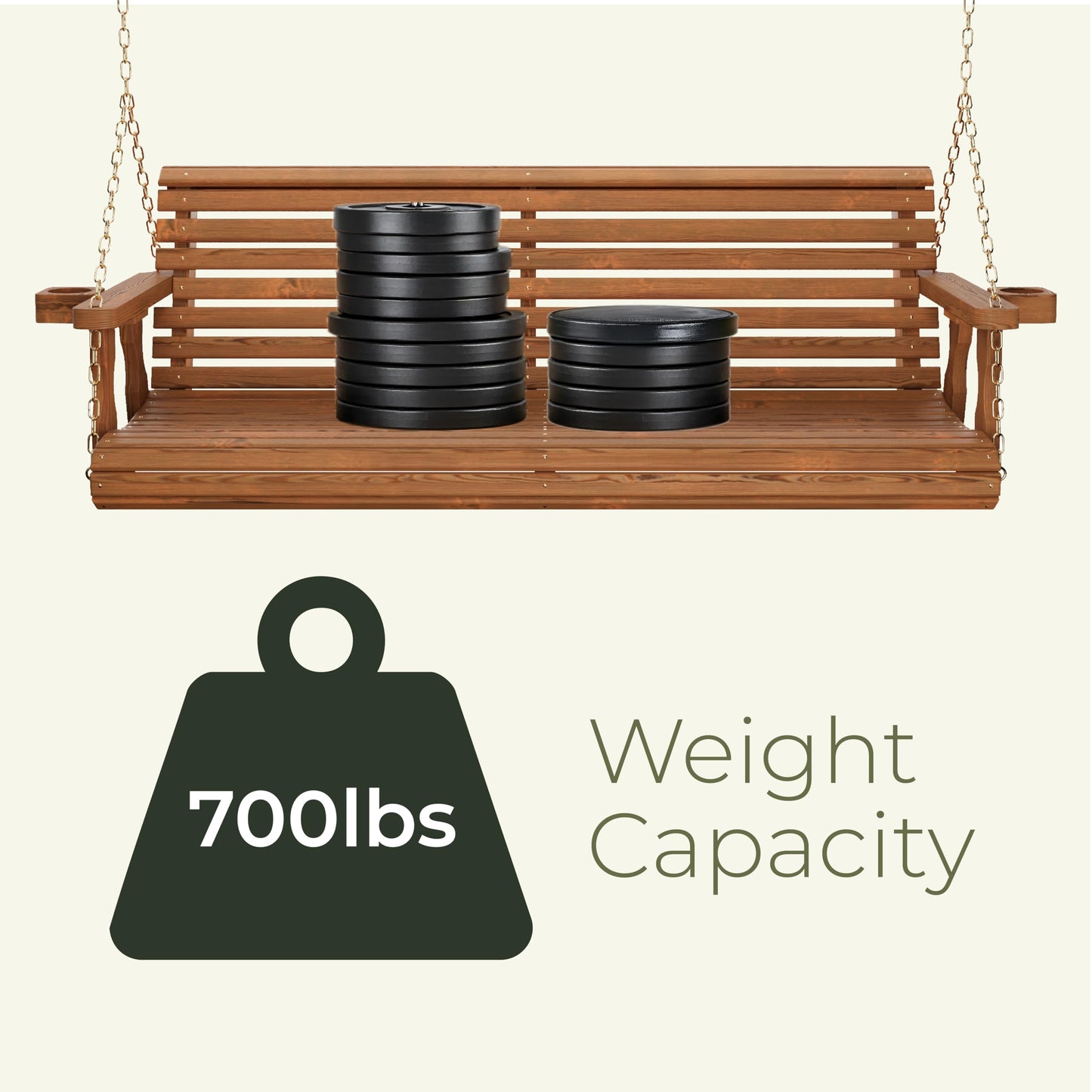 Amish Casual Heavy Duty 700 Lb Capacity Porch Swing with Cup Holders (4 Foot, Semi-Solid White Stain) – Wooden Outdoor Roll Back Swing with Hanging Chains – Amish Made in the USA