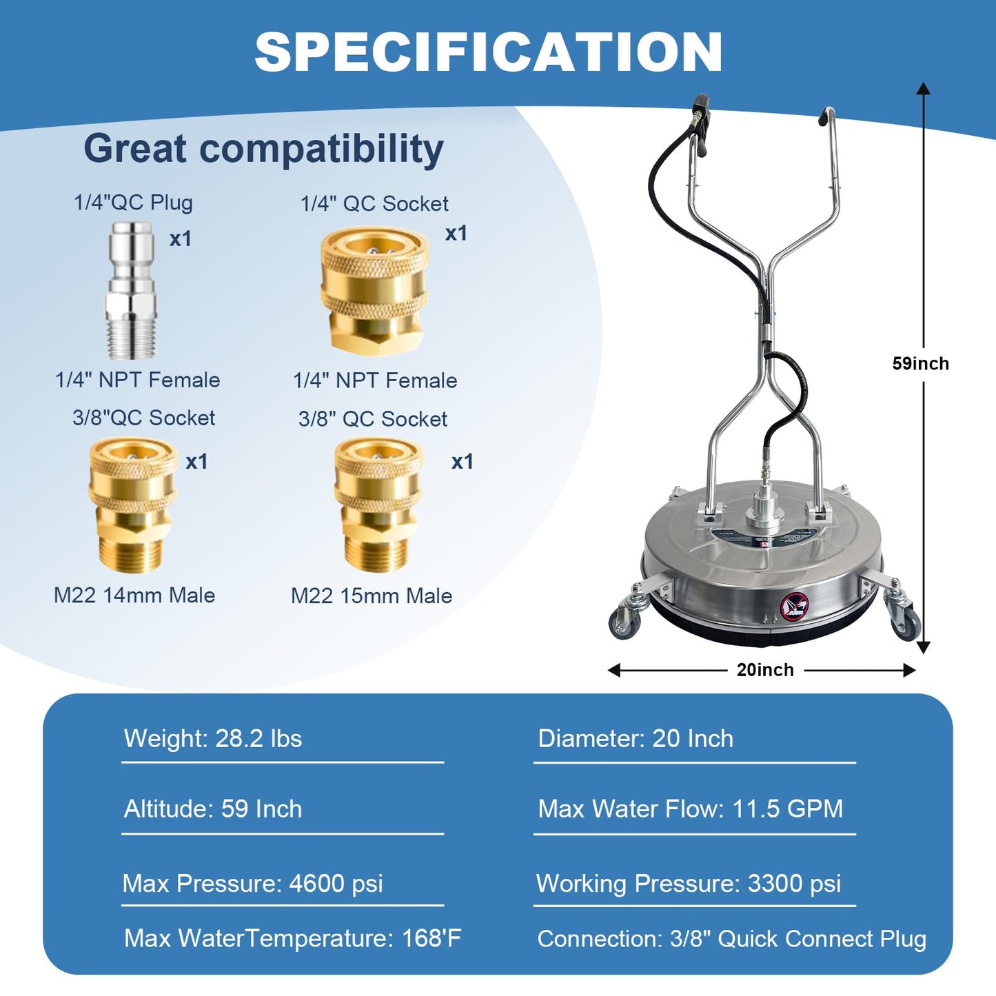 20" Pressure Washer Surface Cleaner with 4 Wheels - Stainless Steel Dual Handle Surface Cleaner 4600 Max PSI, 3/8" Connector & 1/4" Adapter Power Washer Floor Attachment,for Floor Driveway, Patio