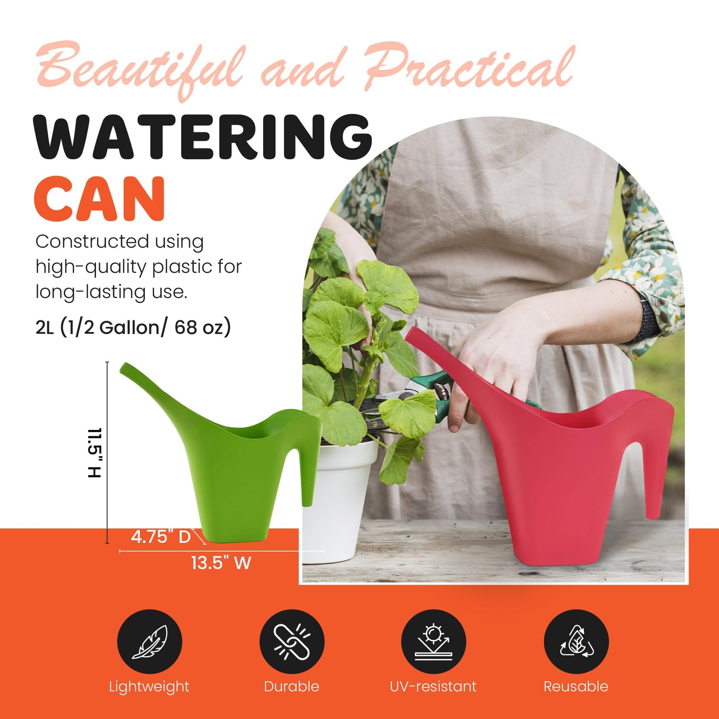Mintra 1/2 Gallon Plant Watering Can, Long Spout Plastic Water Pitcher for Indoor & Outdoor Use, Durable & Lightweight Water Can for Watering Flowers & Potted Plants, 1 Pack, 2L/68 oz – Black