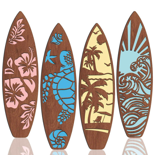 Lineshading 4 Pcs 23.6" x 6.7" Surfboard Wall Decor Large Surfboard Hanging Sign Summer Hawaiian Tropical Surf Boards Decor for Wall Room Bedroom Party Beach Art(Classic Style)
