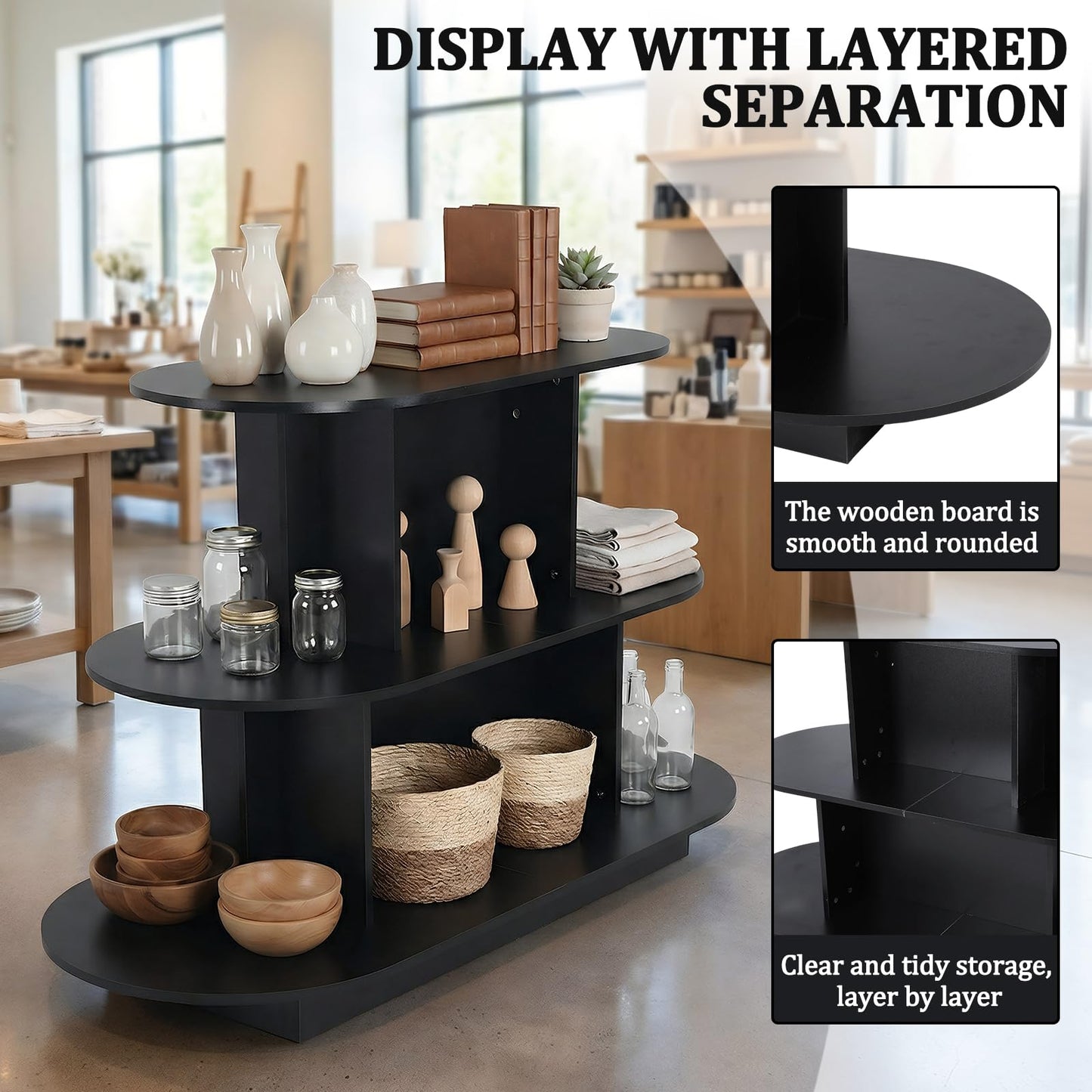 3 Tier Wooden Oval Display Table Large Storage Space Retail Table Modern Standing Display Riser Shelf for Stores Vendor Events 55in W x 23.6in D x 35in H (Black)