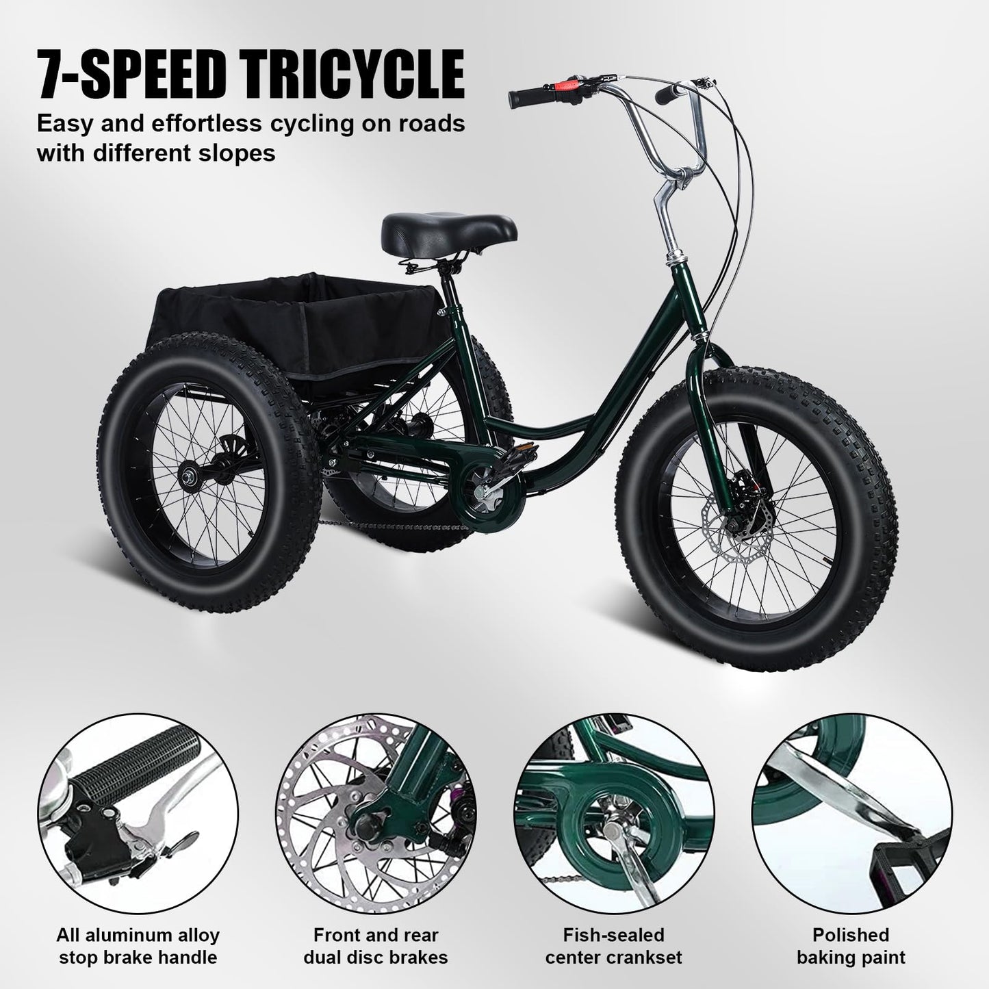 20 Inch Fat Tire Adult Tricycle, 7-Speed Heavy-Duty, 450lb Capacity,Large Cargo Basket, Dual Disc Brakes, Comfort Seat for Seniors,3 Wheel Bike with Spacious Shopping Basket Black 172cm/67.72", W: 85