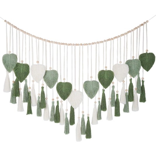 Large Macrame Wall Hanging Tapestry with Wood Bead and Leaf Wall Decor for Bedroom Living Room Nursery Apartment, Room Boho Style Decor Tapestry, 43.3" W X 25.9" L Green Tapestry