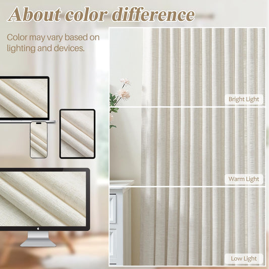 Pinch Pleated Linen Curtains 90 Inch Length for Living Room & Bedroom, Natural Light Filtering Pleat Drapes, Memory Trained Semi-Sheer Window Curtain with Hooks for Farmhouse, 2 Panels 40"Wx90"L