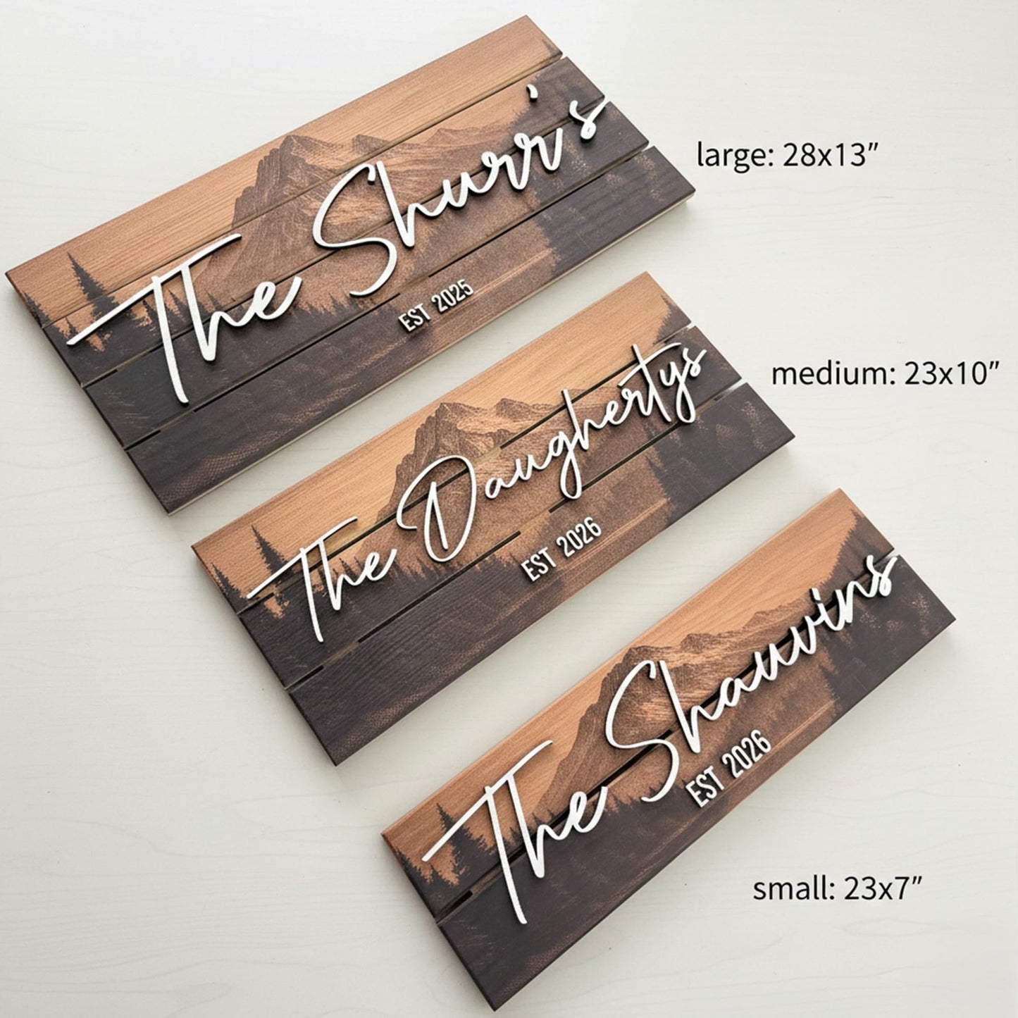 Custom Mountain Family Name Sign - Rustic Wood Wall Decor, Personalized Wedding & Gift for Couples Anniversary, Housewarming Gift for New Home 23x10" (Standard Size)