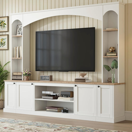 Merax Elegant Arched Entertainment Center Wall Unit with Bookshelf, Minimalism TV Stand for Televisions up to 70", Mid-Century Media Console with Adjustable Shelves for Living Room, White