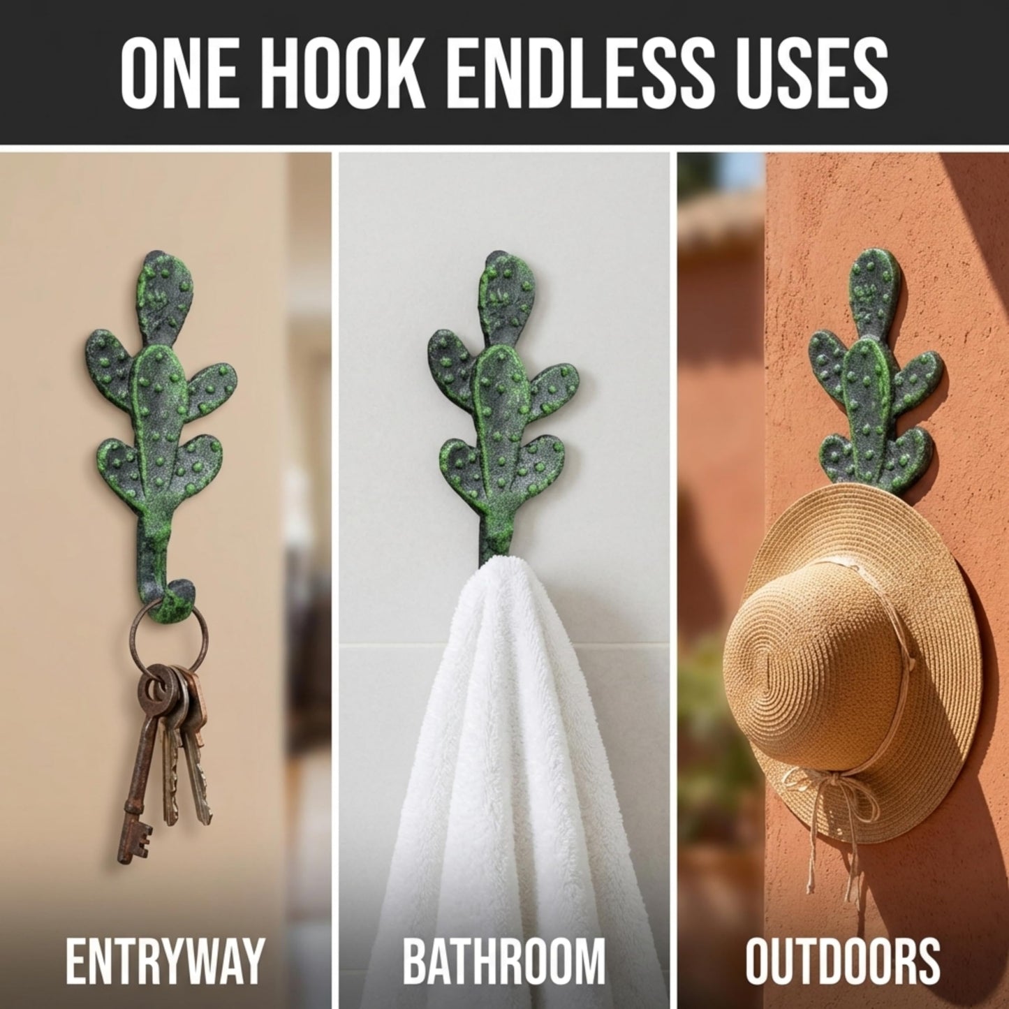 The Bridge Collection Cast Iron Cactus Hook for Wall - Metal Cactus Coat Rack for Southwestern, Desert, Boho Home Decor - Coat, Towel, Key Hook Prickly Pear Cactus Decor
