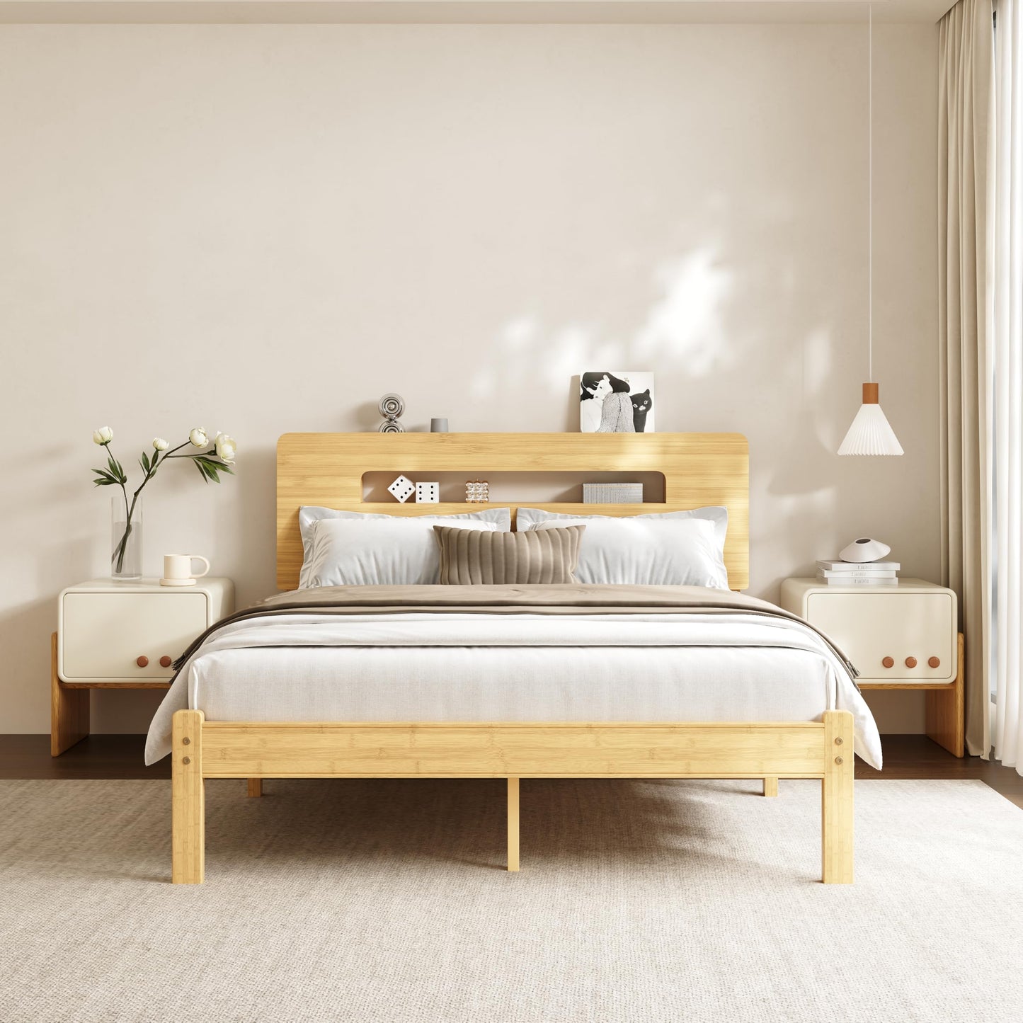 COMASACH Bamboo Wood Queen Bed Frame with Storage Headboard,14 Inch High Solid Queen Size Bed Frame, Metal Slats Support, Heavy Duty, No Box Spring Needed