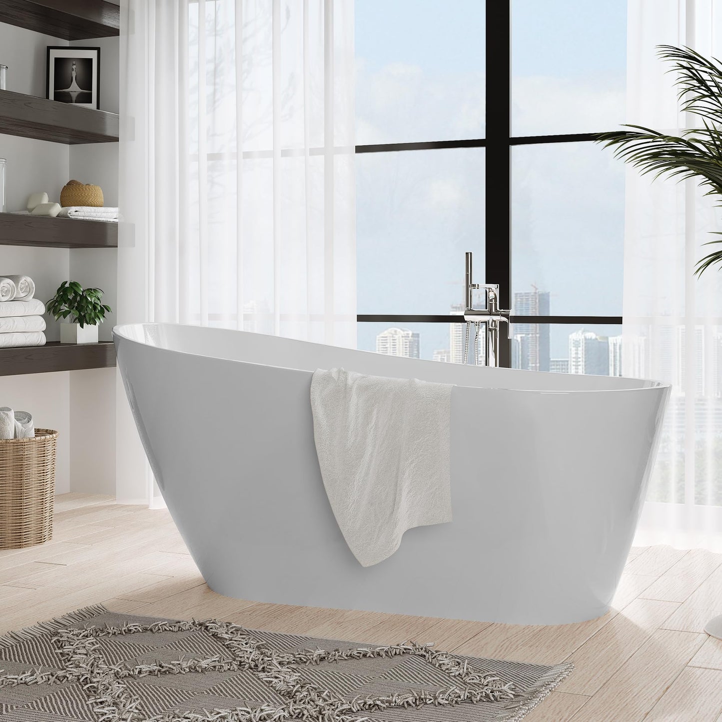 67" Acrylic Freestanding Bathtub, Modern Freestanding Tub with Chrome Drain & Overflow, Glossy White, Home Spa