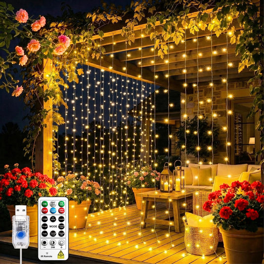 SINAMER Curtain Light for Bedroom, 200LED 6.6x6.6ft Warm White Window Wall Hanging Fairy Curtain String Light, 8 Modes Remote Fairy String Lights Indoor for Wedding Party Home Garden Decorations