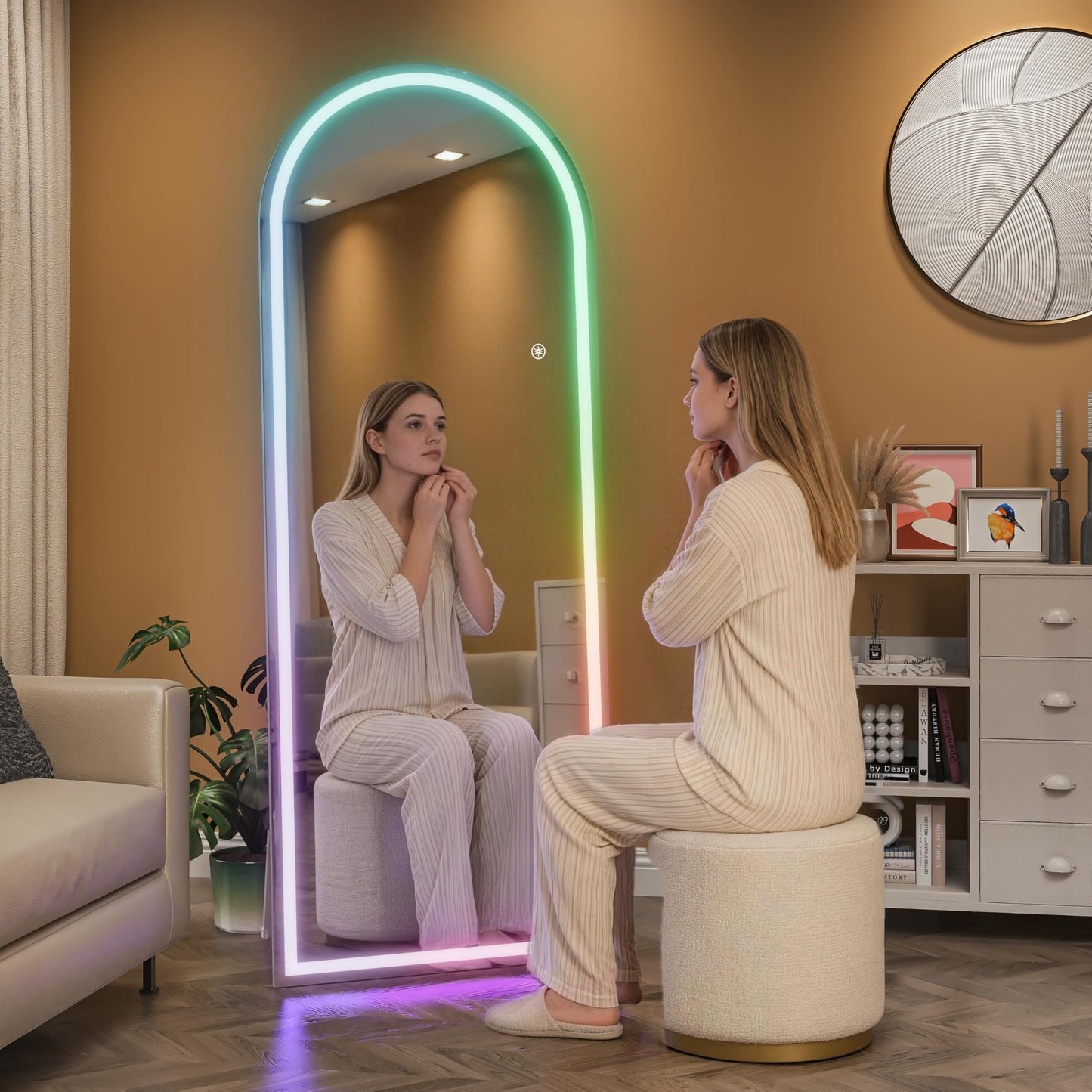 Hasipu Arch Full Length Mirror 81 x 34 in with Stand — Arch LED RGB Full Body Mirror, 7 Lighting Modes, Dimmable, Built‑in Bluetooth Speaker, White Frame for Bedroom Dressing Room