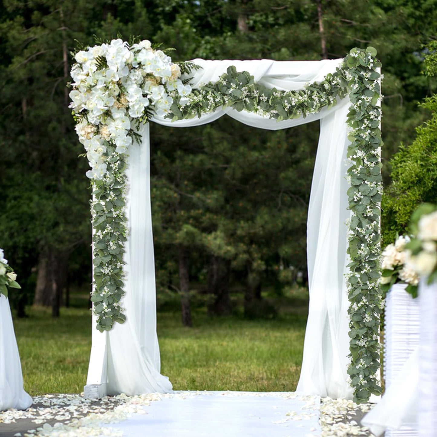 KHOYIME Eucalyptus Garland with White Flowers, 2 Packs 5.9Ft Artificial Silver Dollar Eucalyptus Leaves Plant Fake Greenery Hanging Ivy Vines Faux Wreath for Wedding Arch Party Mantle Table Home Decor