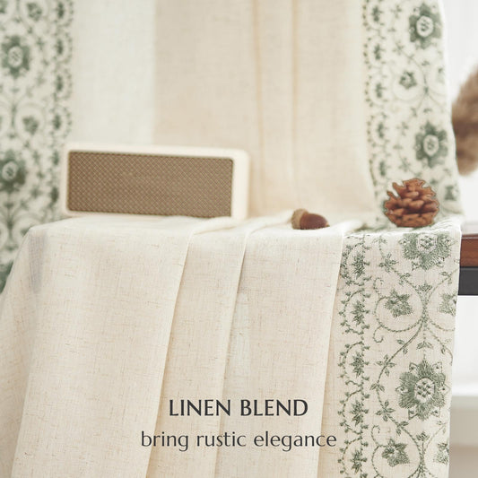 jinchan Weslie Boho Curtains for Bedroom Sage Green Vintage Floral Farmhouse Curtains 84 Inches Long Linen Drapes for Living Room Embroidered Light Filtering Drapes Sage on Beige 2 Panels