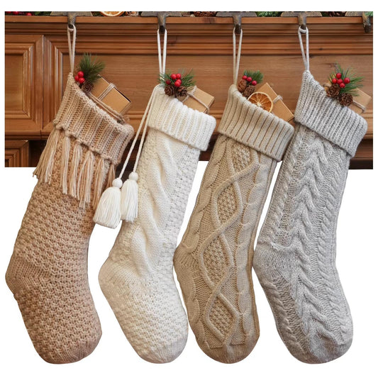 4 Pack White Knit Christmas Stockings – Large 18” Rustic Farmhouse Vintage Cable Knit Holiday Stockings, Cream Ivory Neutral Boho Style for Fireplace Mantel Hanging Family Décor (Linen Color)