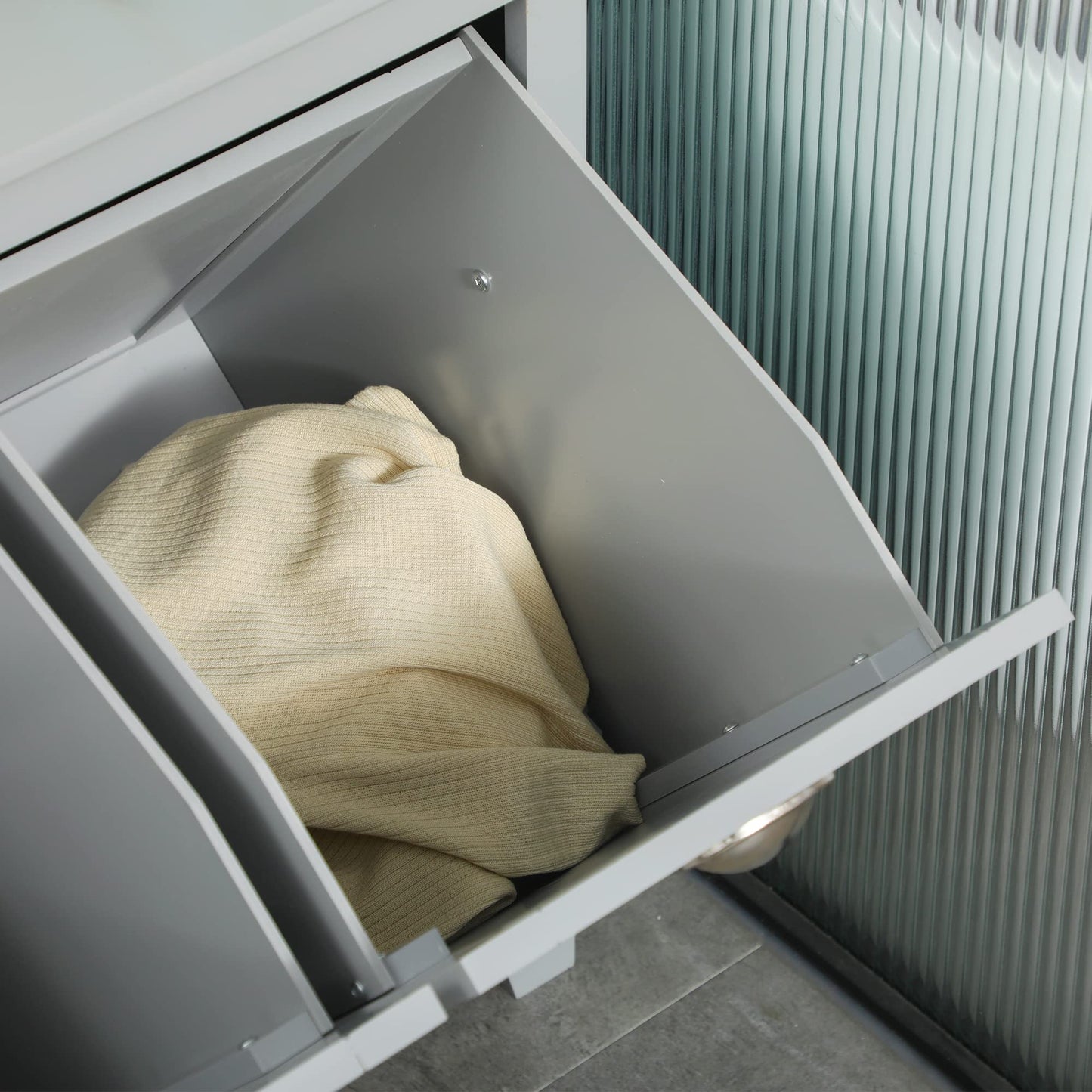 Amacv Tilt-Out Laundry Sorter Cabinet, Bathroom Storage Organizer with Two-Compartment Tilt-Out Hamper, Gray