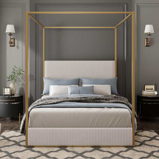 LUMISOL Queen Size Upholstered Canopy Bed, Metal 4 Poster Bed with Tall Corduroy Headboard, Gold Canopy 4 Poster Bed Frame with Headboard for Kids Teens Adults, No Box Spring Needed, Beige