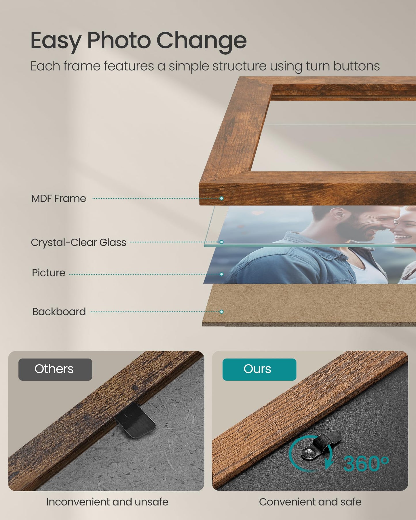 SONGMICS Picture Frames, Collage Picture Frames Set of 10, Two 8x10, Four 5x7, Four 4x6, Photo Frame for Wall Gallery Decor, Table Display, Glass, Rustic Brown URPF010X01