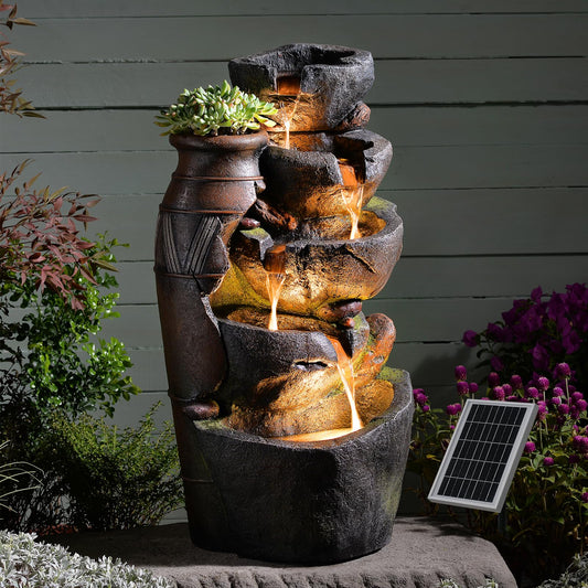 Pivotify 5 Tier Rock Solar Water Fountain Outdoor with Vintage Jar, Cascading Waterfall Fountain with LED Lights, Outdoor Fountains for Garden or Patio, Yard, Deck Decor, 16.5" L x 12.6" W x 31.7" H