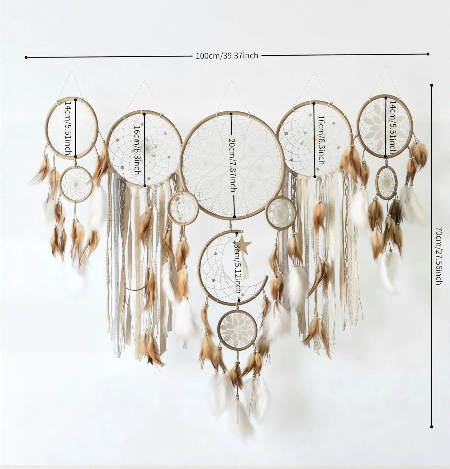 Handcrafted Dream Catcher Wall Decor Set, 5 Pieces, Round Shape, 10 Inch Diameter, Cotton and Feather, Art Deco Style, Moon and Star Design, Indoor Hanging Ornaments (5, White)
