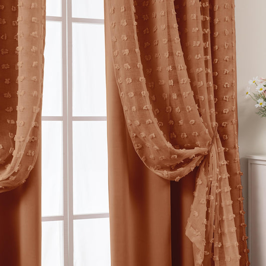 Boho Blackout Curtains for Bedroom 84 Inch Length 2 Panels Set,Vintage Farmhouse Terracotta Rust Pom Pom Textured Patterned Double Layer Sheer Overlay Bohemian Western Curtain Drapes for Living Room