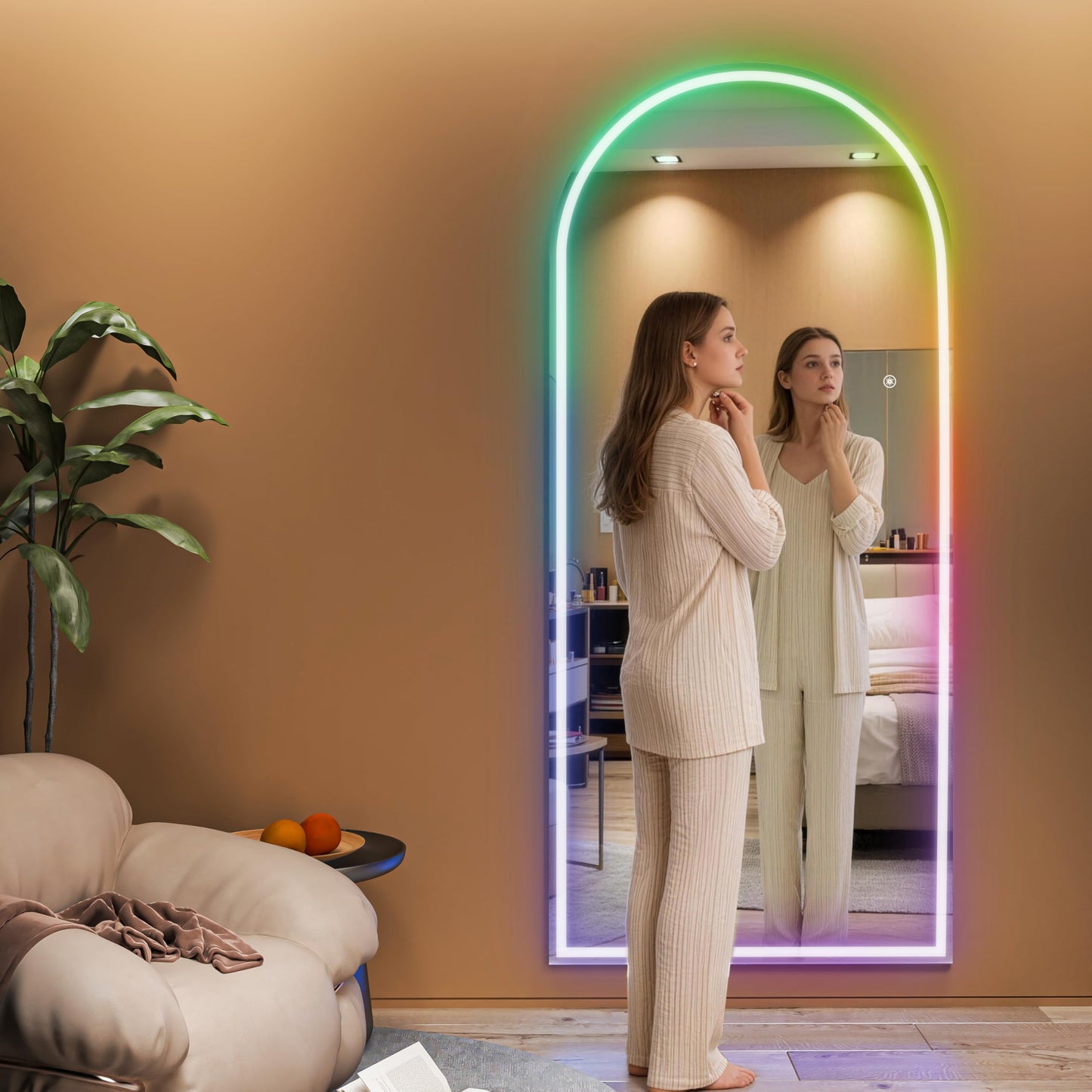 Hasipu Arch Full Length Mirror 79 x 32 in with Stand — Arch LED RGB Full Body Mirror, 7 Lighting Modes, Dimmable, Built‑in Bluetooth Speaker, White Frame for Bedroom Dressing Room