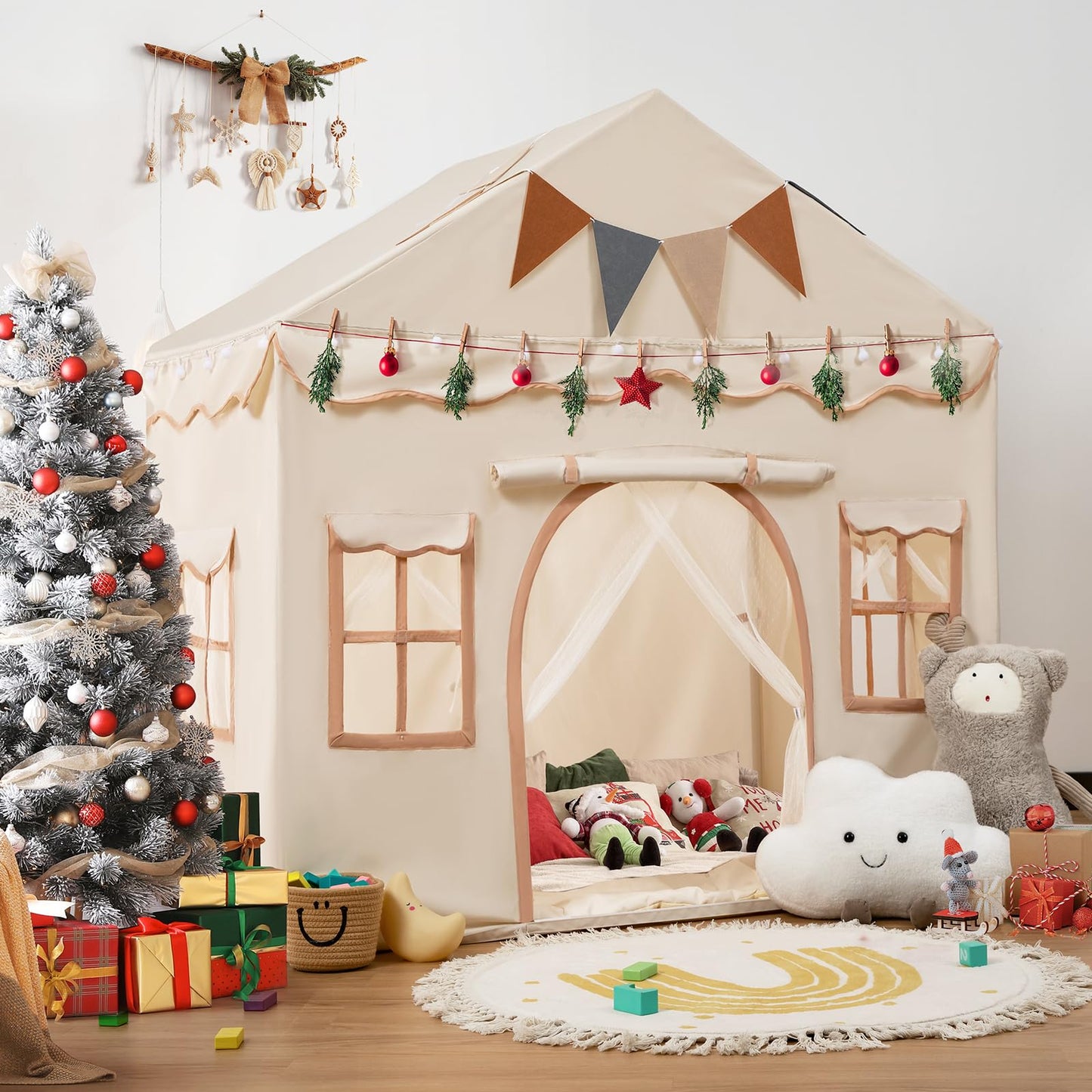 Besrey Kids Play Tent 2 in 1 with Padded Mat and Lights, Large Kids Playhouse with 2 Doors & 4 Windows, Indoor & Outdoor, Christmas Toddler Tent, 51" x35" x 51"