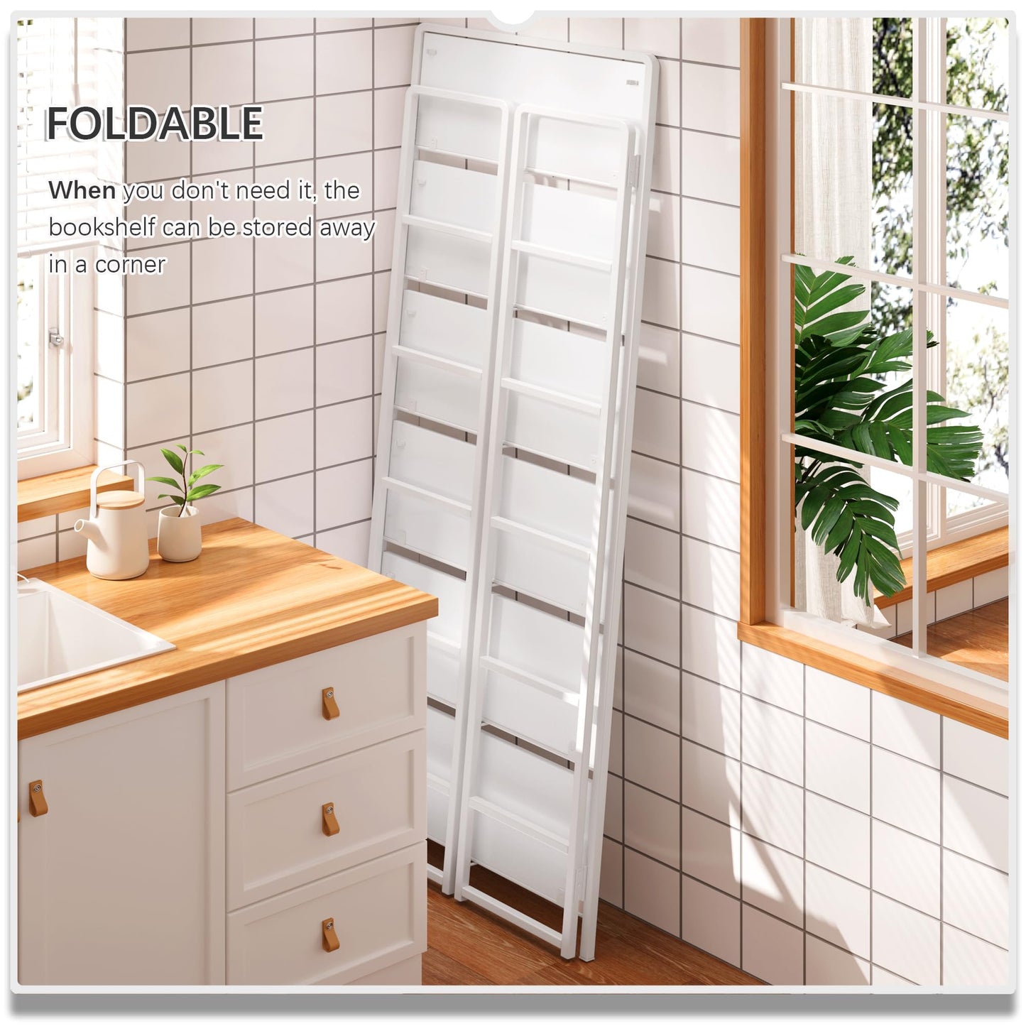 4NM No Assembly 6 Tiers Folding Bookshelf Storage Shelves Vintage Bookcase Standing Racks Study Organizer Home Office (All White)