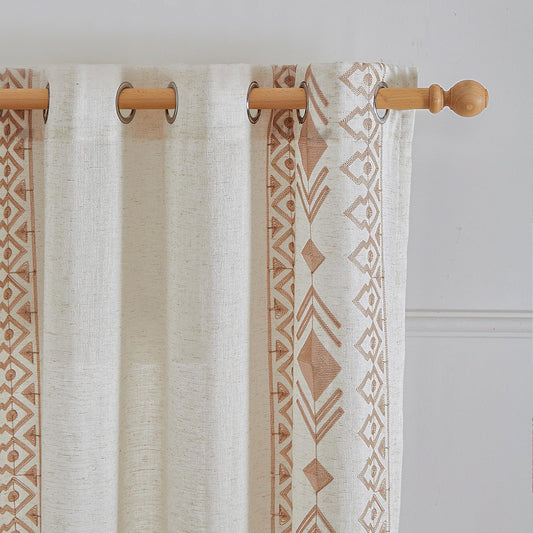 LOHUT Beige Boho Curtains 2 Panels for Bedroom 84 Inches Long Linen Embroidered Drapes for Living Room Farmhouse Geometric Light Filtering Grommet Window Treatment 55x84 Inch, Taupe On Beige