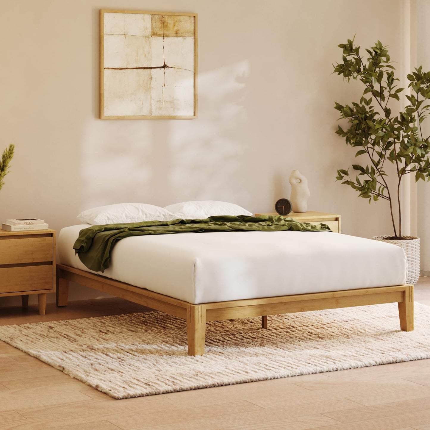 Nectar Bamboo Platform Bed Frame - Full - Natural - Floating Center Support Legs - 12” Height - Easy Tool Free Set Up - Contemporary and Durable - Sturdy Wooden Support Slats - Holds Up to 800 Pounds