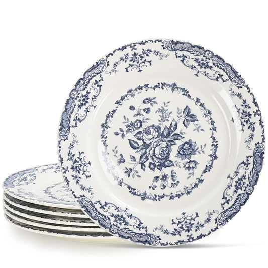HomeElves Dinner Plates, Ceramic Plates Set of 6, Kitchen Plates Microwave Safe, White Plate Dessert Blue Floral Plate Porcelain (Blue Rose, 10.5 inch)