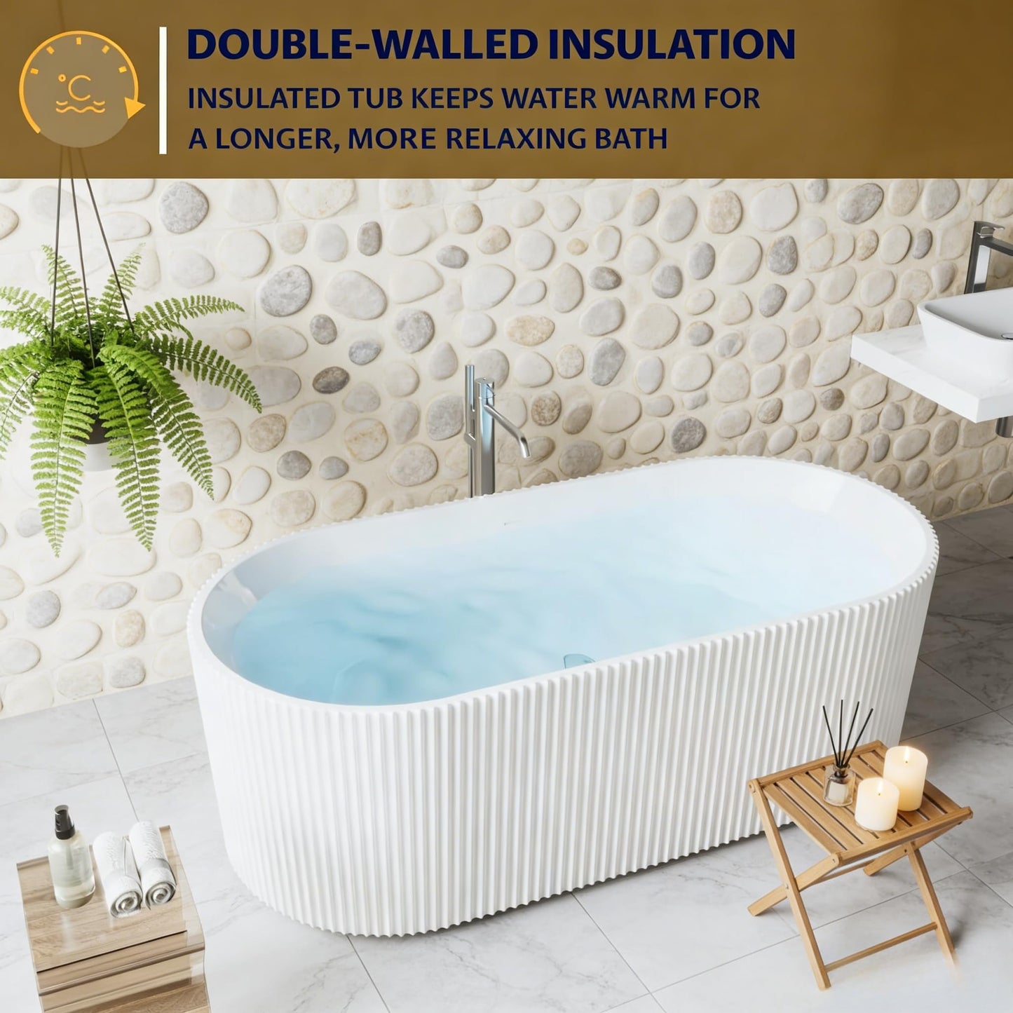 Garvee 59" Acrylic Freestanding Bathtub, Modern Soaking Tub with Matte Drain and Black Overflow, Stripe White, Deep Ergonomic Design, Double-Walled Insulation, cUPC Certified Bath Tub