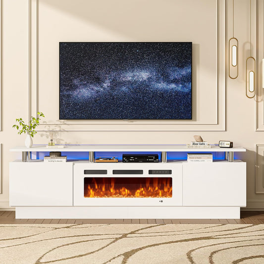 MXV 80" Fireplace TV Stand, Modern Entertainment Center & 36 Inch Electric Fireplace with Remote Control, LED Light, Fire Place Tv Stand for Living Room for TVs up to 90", White + White
