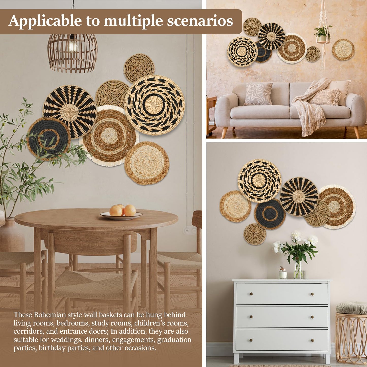 PieJoFpy 7 Pcs Boho Wall Art Decor Hanging Handcrafted Seagrass Woven Basket Wall Decor Round Bohemian Basket Wall Art Set for Farmhouse Home Room Rustic Decorations Table, Multi Sizes