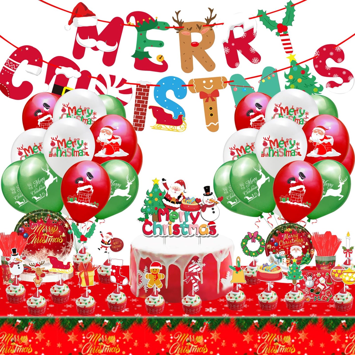 Sekeline Christmas Dinnerware Set Santa Claus Party Supplies Includes Plates Napkins Cups Knives Spoons Forks Tablecloth Balloons Banner Cupcake Toppers for Merry Christmas Party 156 Pieces