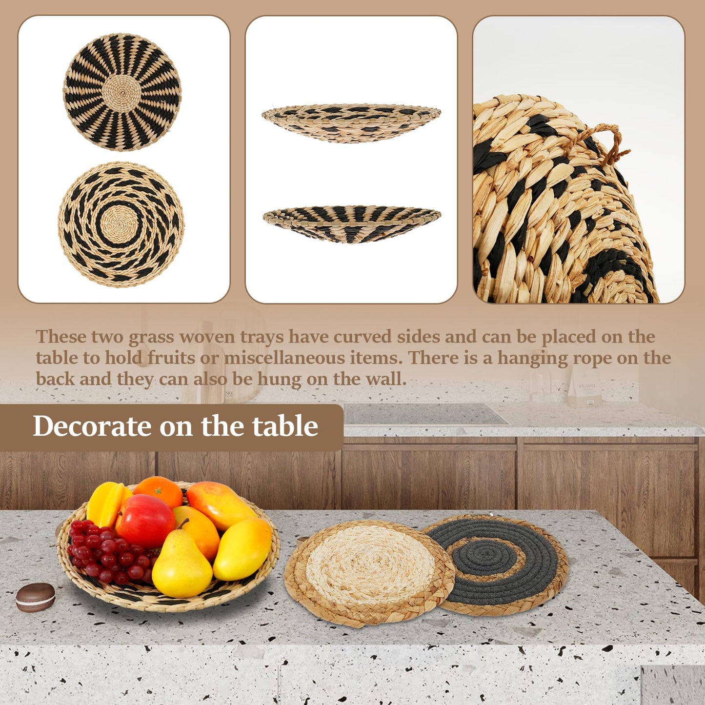 PieJoFpy 7 Pcs Boho Wall Art Decor Hanging Handcrafted Seagrass Woven Basket Wall Decor Round Bohemian Basket Wall Art Set for Farmhouse Home Room Rustic Decorations Table, Multi Sizes