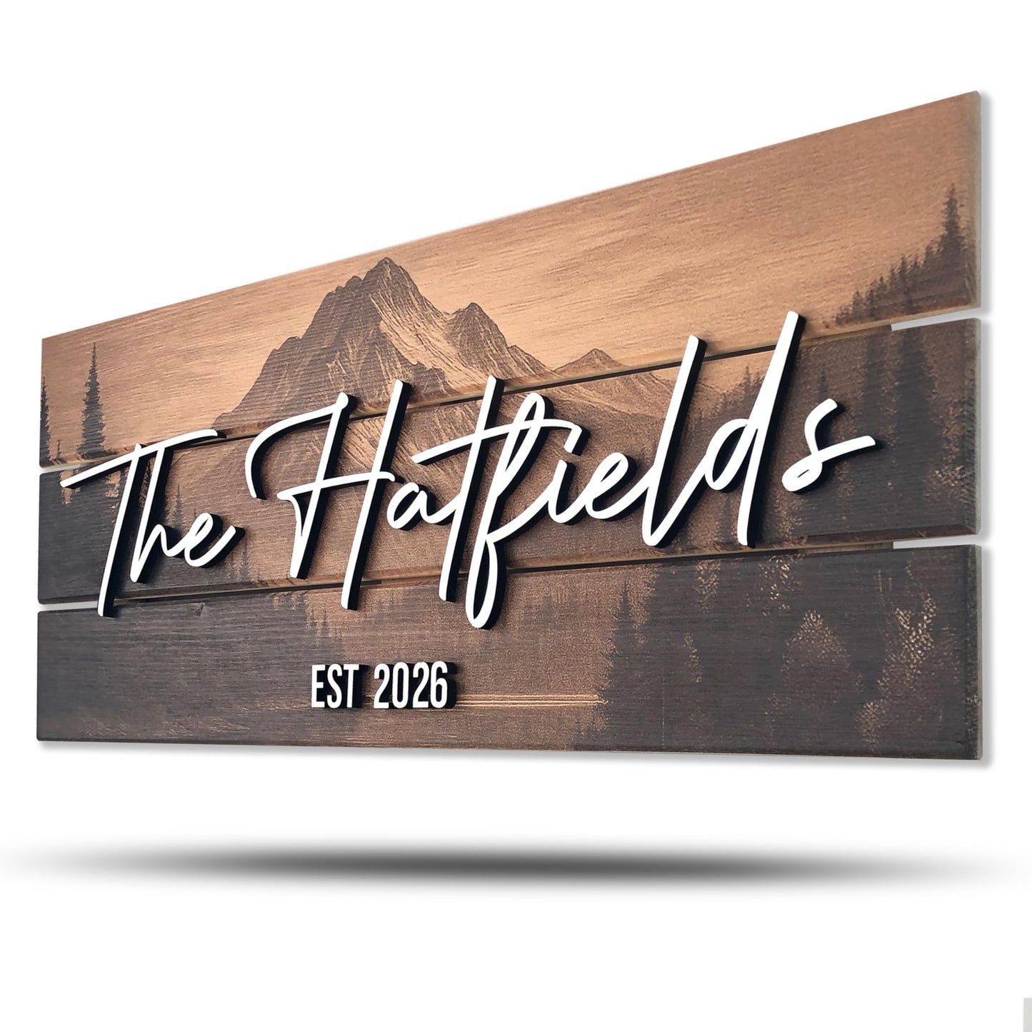 Custom Mountain Family Name Sign - Rustic Wood Wall Decor, Personalized Wedding & Gift for Couples Anniversary, Housewarming Gift for New Home 23x10" (Standard Size)