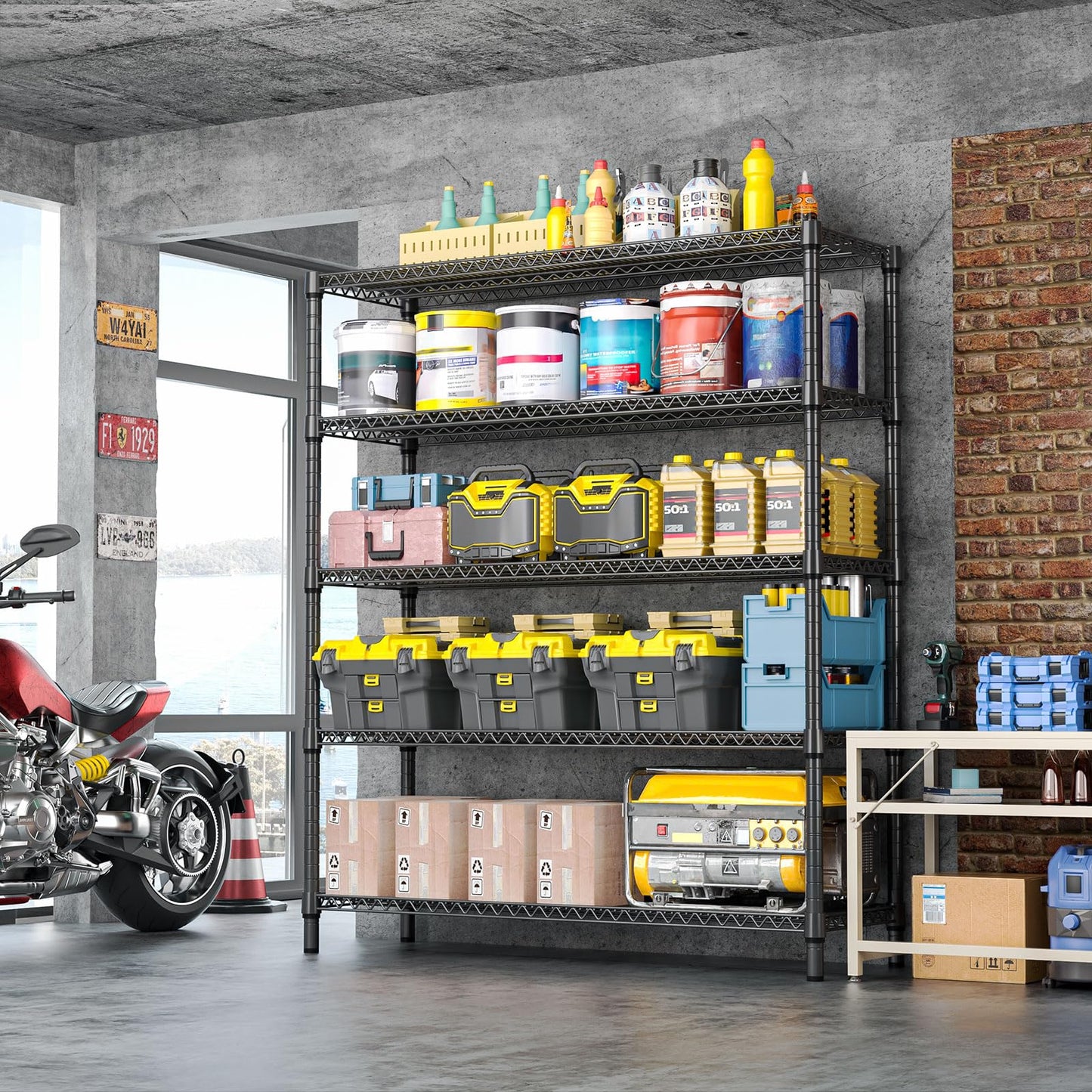 IZEUK 5-Tier Adjustable Heavy Duty Metal Storage Shelving Unit, Wide Utility Rack Organizer for Garage, Basement, Kitchen, Office, Warehouse (Black, 17.7" D x 59.1" W x 70.9" H)