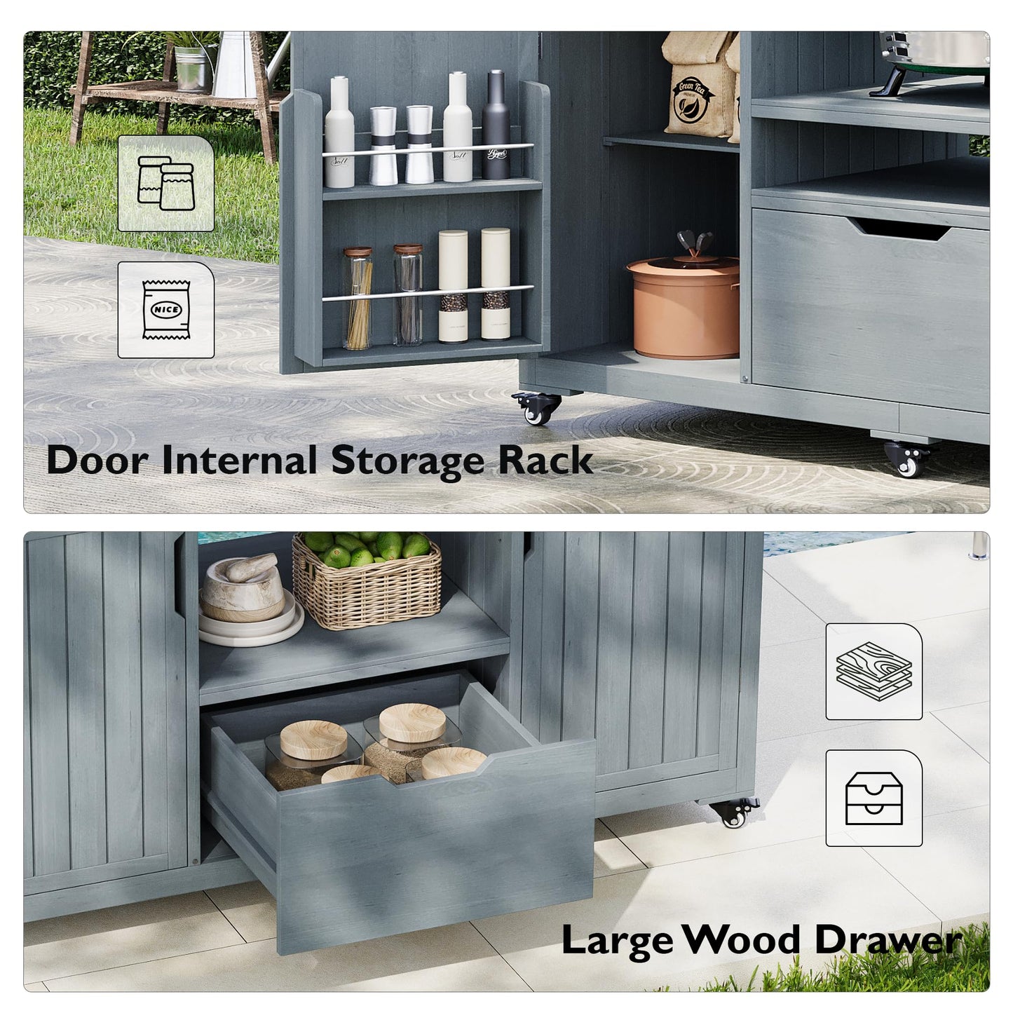 Trygoal 66.5" Outdoor Kitchen Island for Big Green Egg & Kamado Joe - 1380 sq in Heavy Duty Grill Cart with Stainless Steel Top - Solid Wood Rolling BBQ Prep Station with 6 Wheels & Storage, Grey Blue