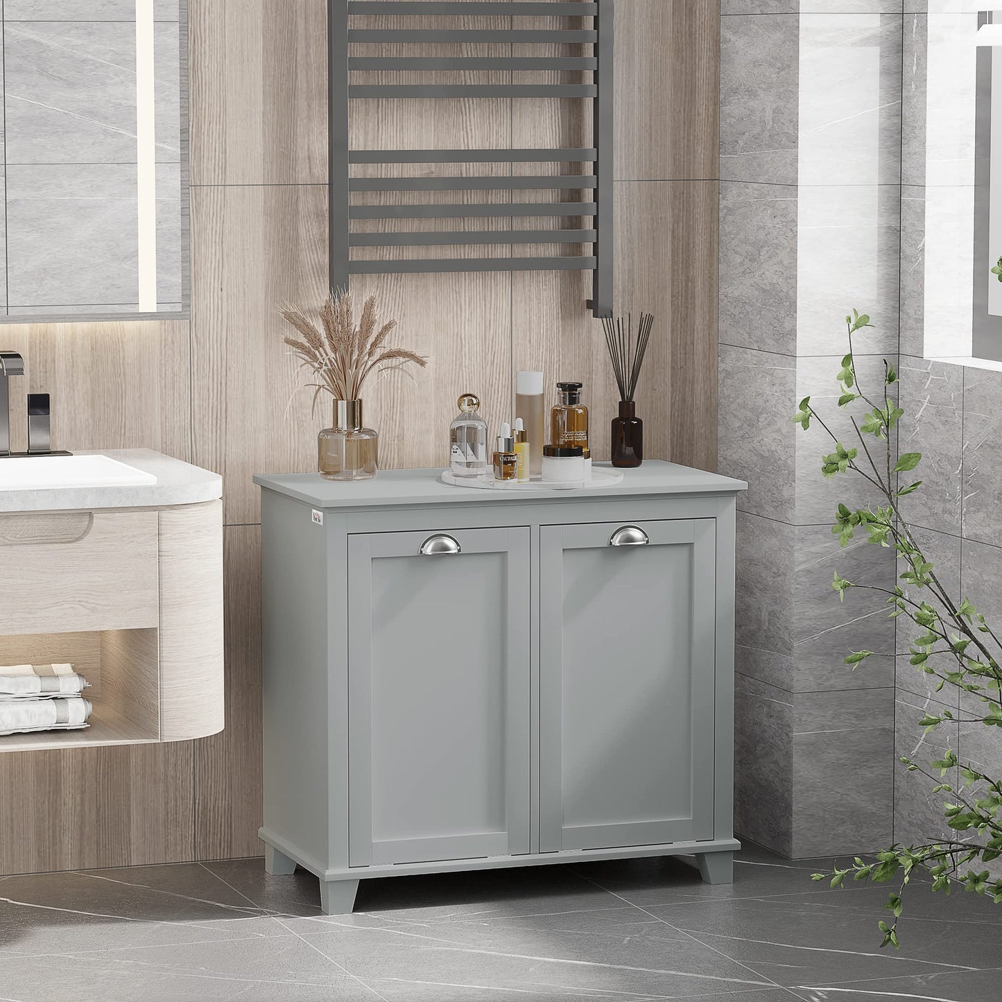 Tilt Out Laundry Sorter Cabinet, Bathroom Storage Organizer with Two Compartment Tilt Out Hamper, Gray