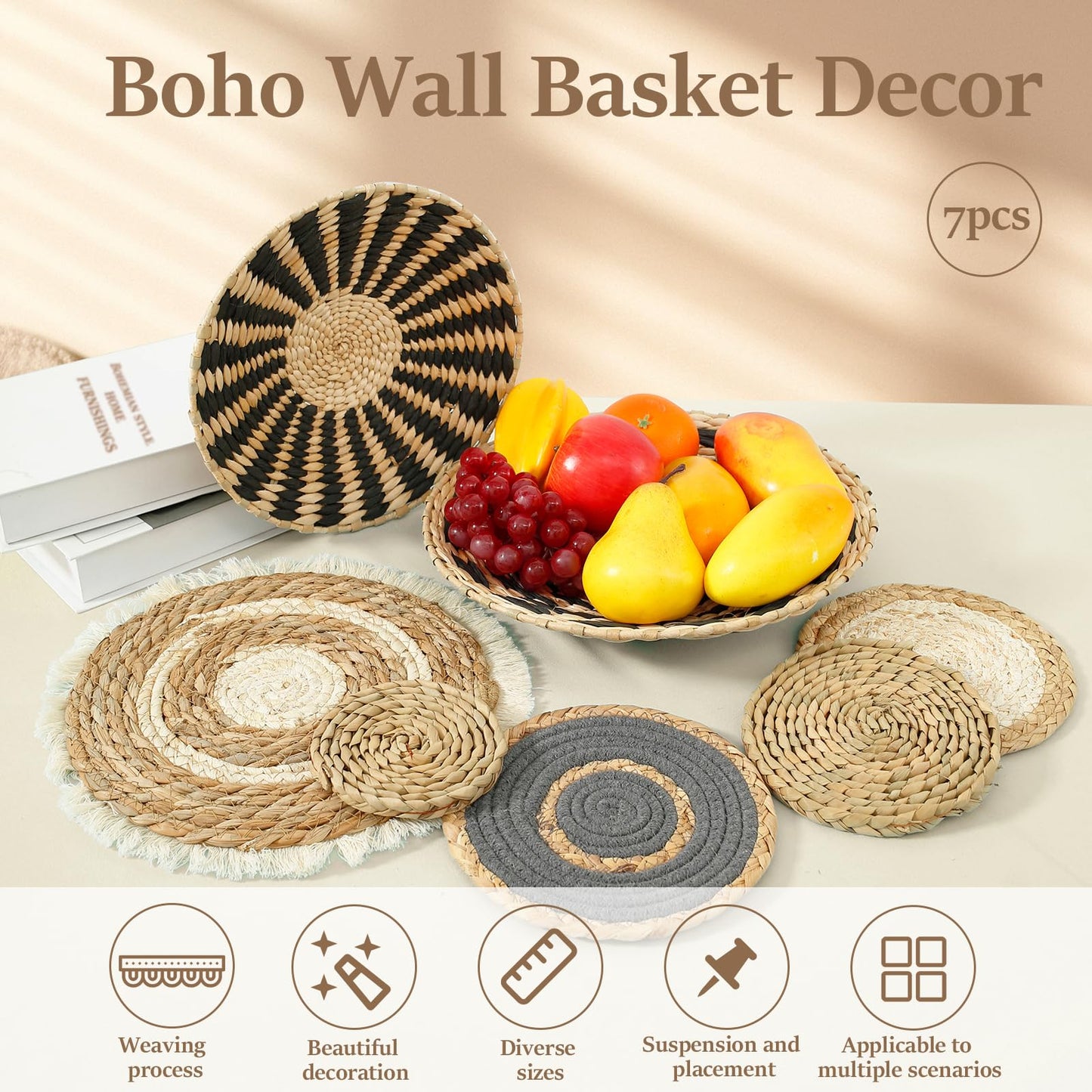 PieJoFpy 7 Pcs Boho Wall Art Decor Hanging Handcrafted Seagrass Woven Basket Wall Decor Round Bohemian Basket Wall Art Set for Farmhouse Home Room Rustic Decorations Table, Multi Sizes