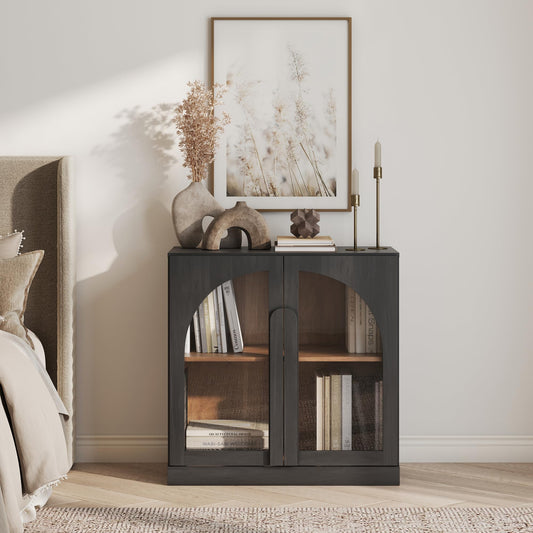 BELLEZE Bijou 31.5" Modular Sideboard Cabinet & TV Stand Console - Expandable Design w/Arched Glass Doors - Use Solo or Combine for Buffet, Living Room Media Center & Entryway - 70lbs Capacity, Ebony