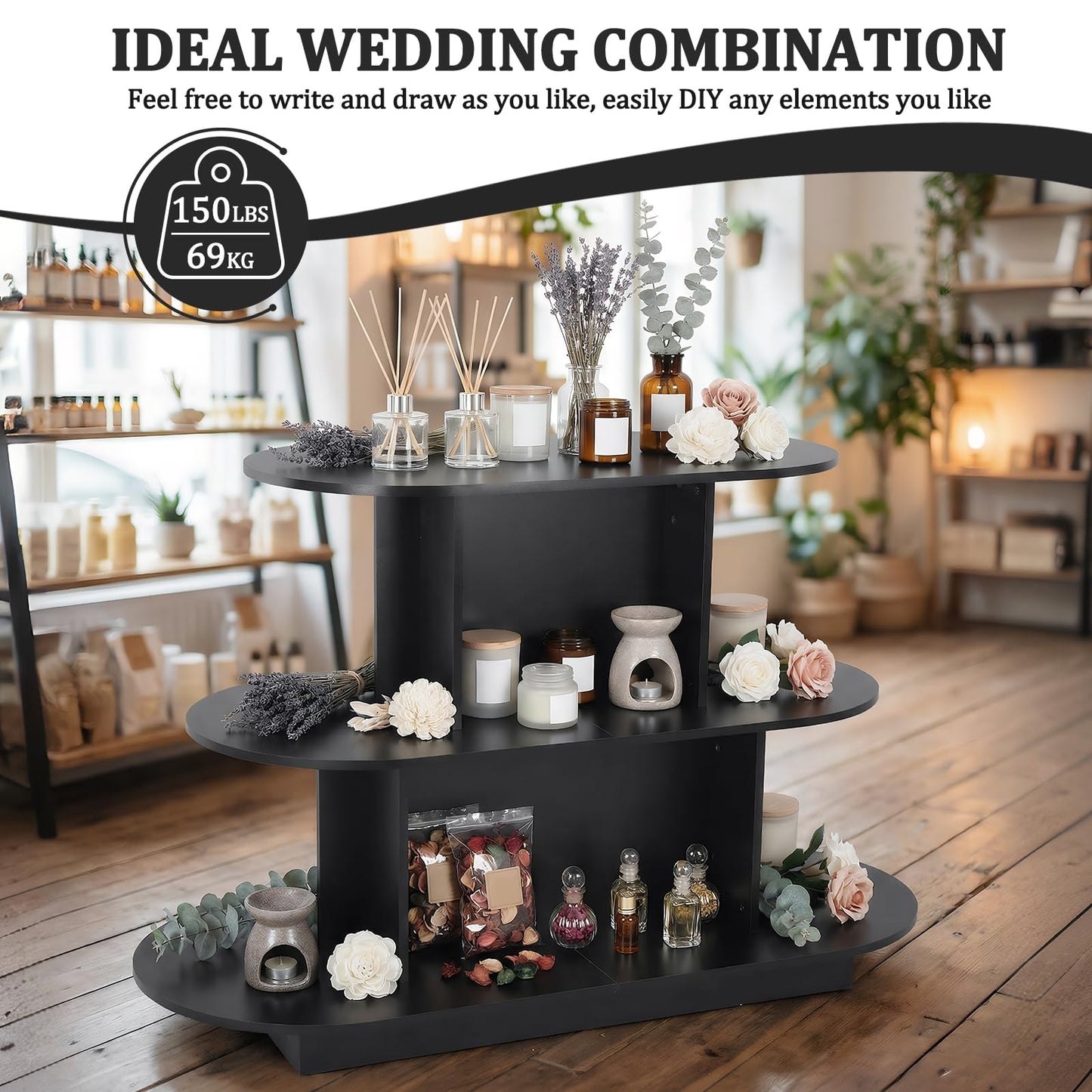 ASIEIT 3 Tier Wooden Oval Display Table Modern Standing Display Riser Shelf Retail Table for Stores Vendor Events 55in W x 23.6in D x 35in H (Black)