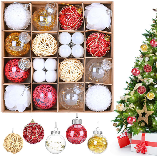 30Pcs Christmas Balls Ornaments Set, Assorted Shatterproof Christmas Ornaments, Colorful Xmas Tree Decoration with Hanging Loop for Wreath Holiday Home Decor, Red & Gold & White