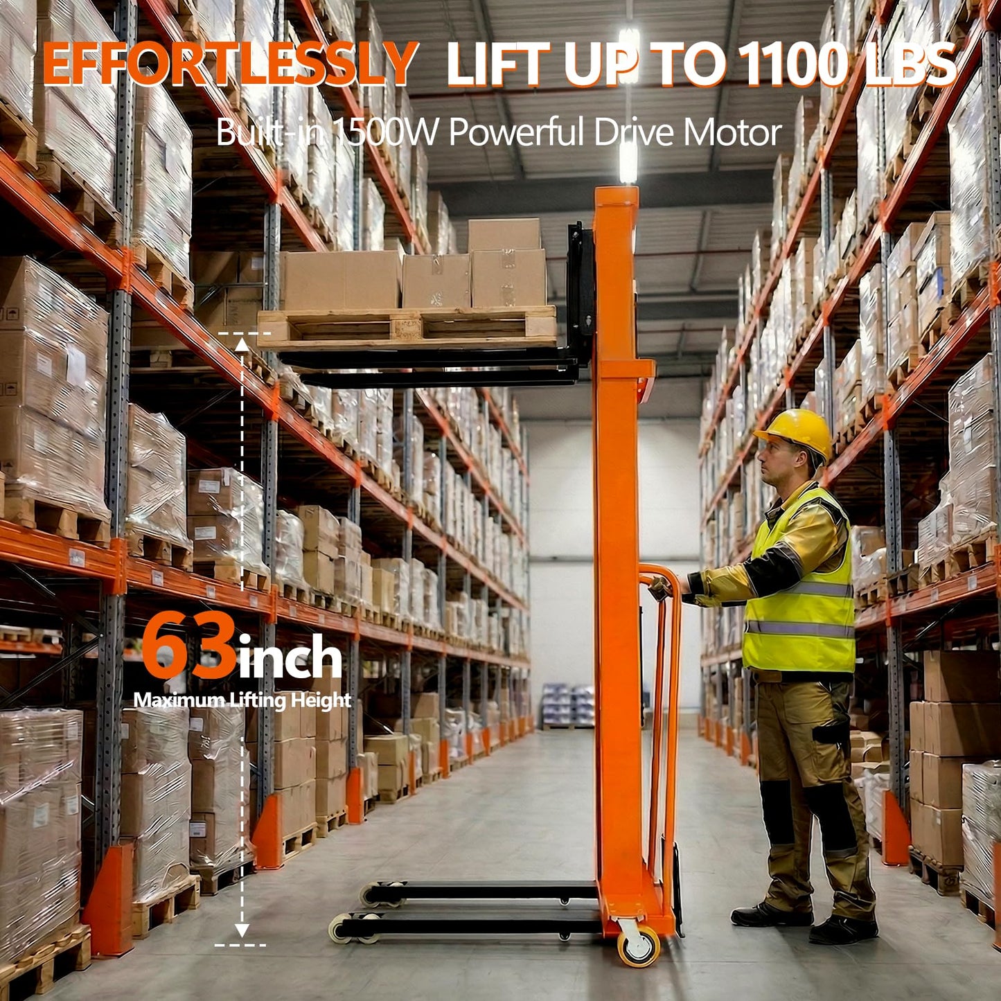 1,100 lbs Electric Lift Table Cart – 63" Max Lift Height, 1,500W Hydraulic Material Lift with 48V 10Ah Battery, Heavy-Duty Pallet Stacker & Lift Platform for Warehouse Loading Dock Logistics Workshop