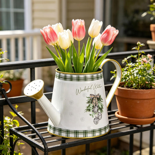 Vintage Metal Christmas Watering Can Decor - Wonderful Winter Days Design with Bell Wreath, Rustic Farmhouse Watering Pot Garden Decorative Planter for Holiday Home Mantel Tabletop Xmas Decor