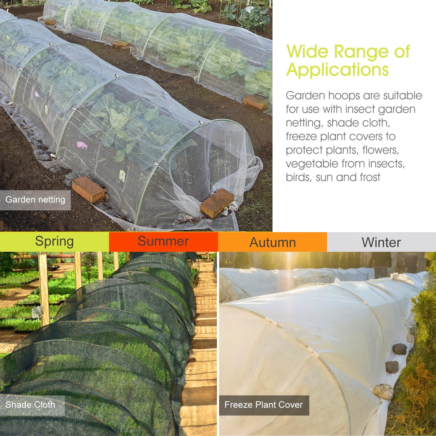 48 PCS Garden Hoops for Raised Beds, RIFNY Greenhouse Hoops Kit Long Grow Tunnel for Row Cover, Rust-Free Fiberglass Garden Support Poles for Insect Mesh Netting Freeze Plant Cover Frame