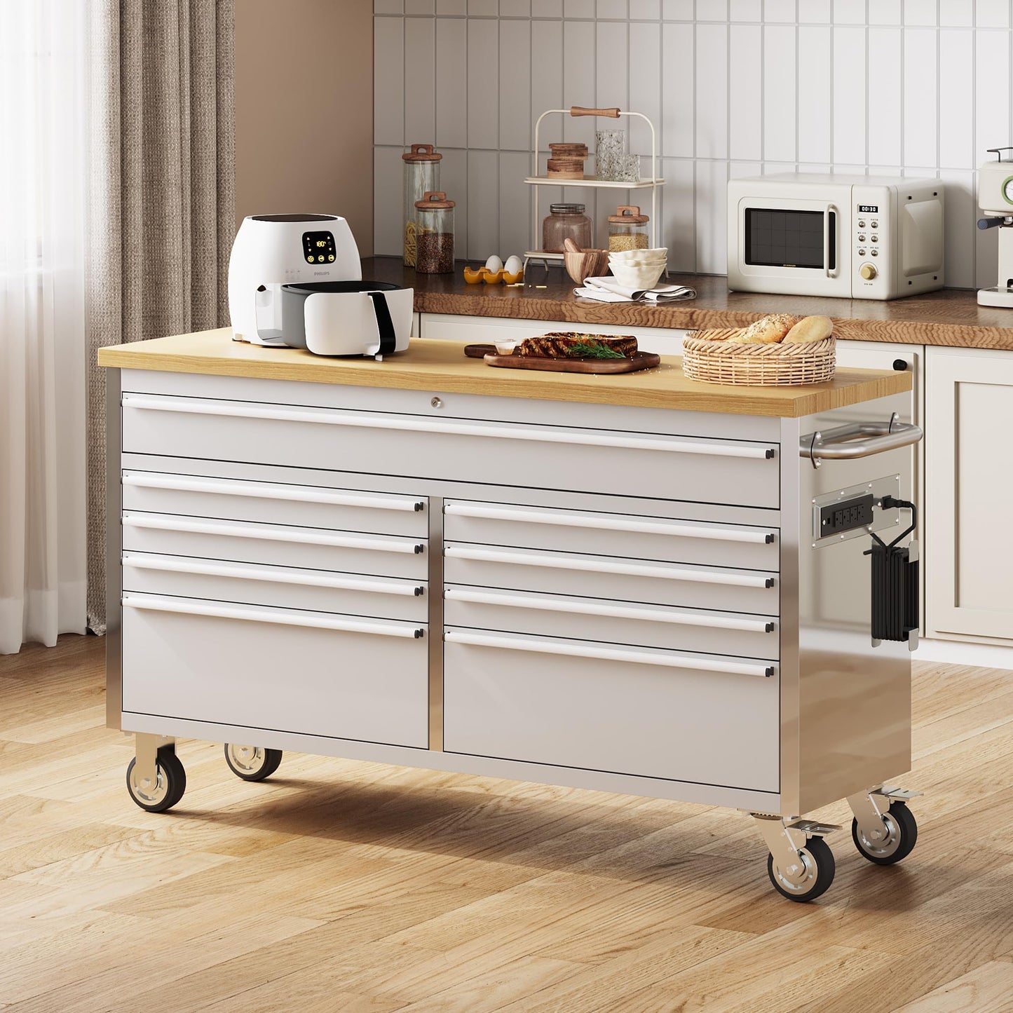 GarveeLife 61-Inch Rolling Tool Chest with 9 Drawers Garage Workbench, Solid Rubberwood Top, Storage Cabinet with Wheel Lock and Key Lock for Workshop, Garage, Kitchen and Home