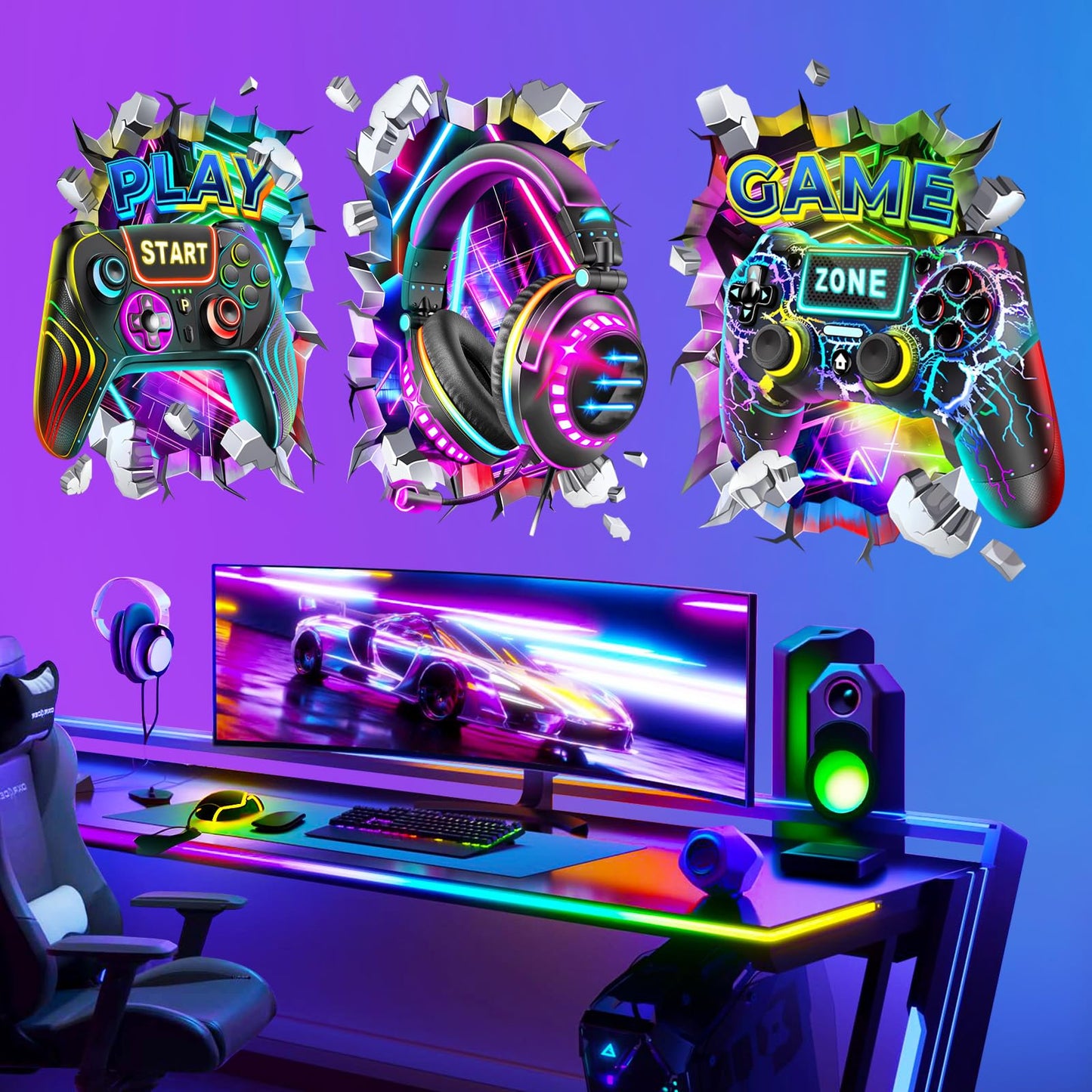decalmile 3D Game Wall Decals Colorful Gamer Controller Video Gaming Joystick Wall Stickers Boy Bedroom Teenagers Playroom Wall Decor